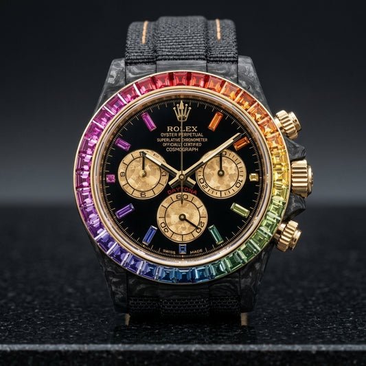 Black forged carbon chronograph with a gold-set rainbow stone bezel and a black dial, upright on polished black granite