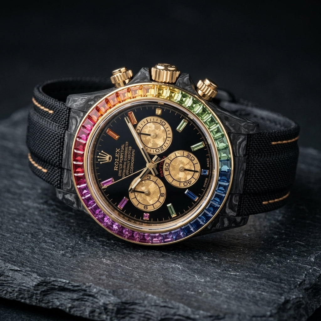 Black forged carbon chronograph at a three-quarter angle on dark slate, its gold crown and pushers beside the rainbow bezel