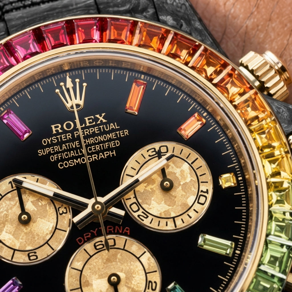 Macro of the glossy black dial with coloured stone hour markers and three champagne-gold counters inside the gold-set rainbow bezel