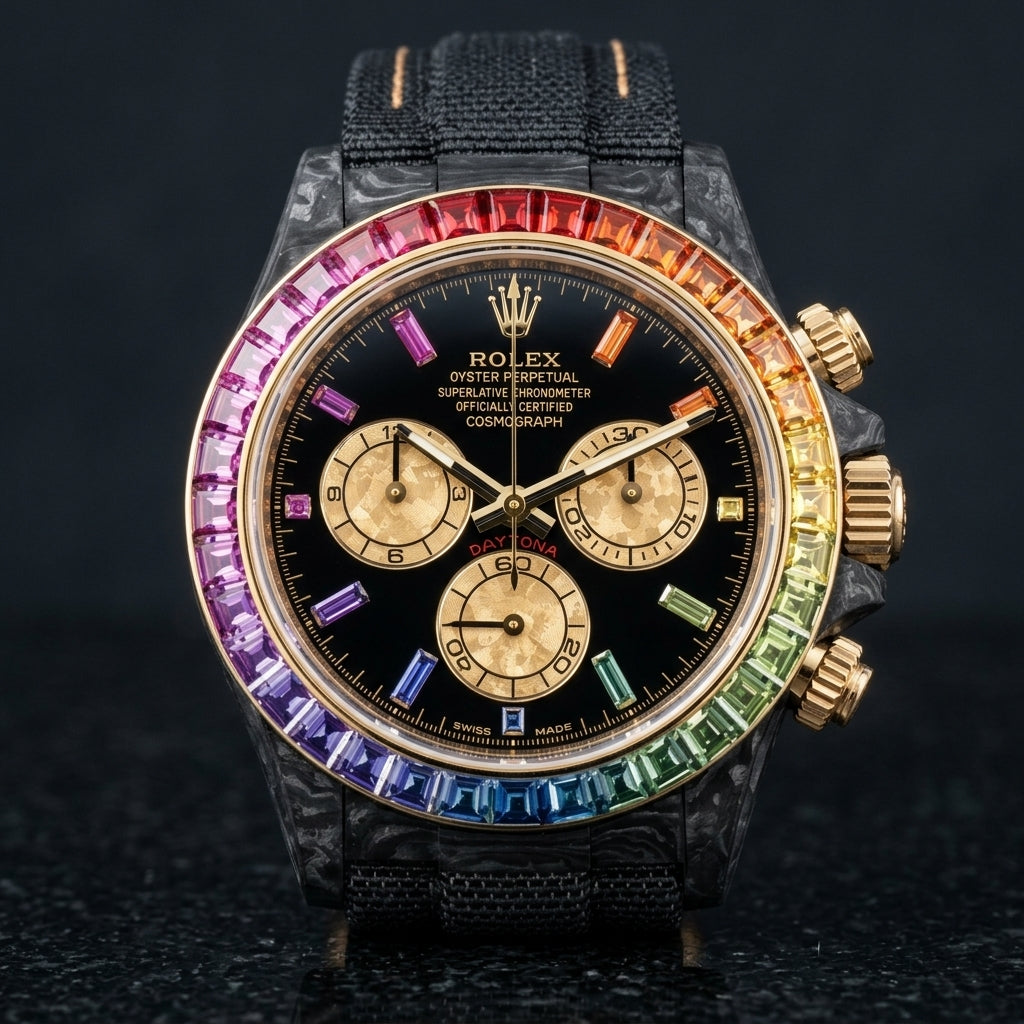Black carbon chronograph with a rainbow bezel on its black woven strap with tan stitching, worn on the wrist below a dark suit cuff