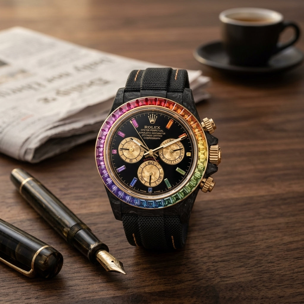 Forged carbon chronograph with a gold-set rainbow stone bezel and a black dial on a dark walnut desk beside a fountain pen