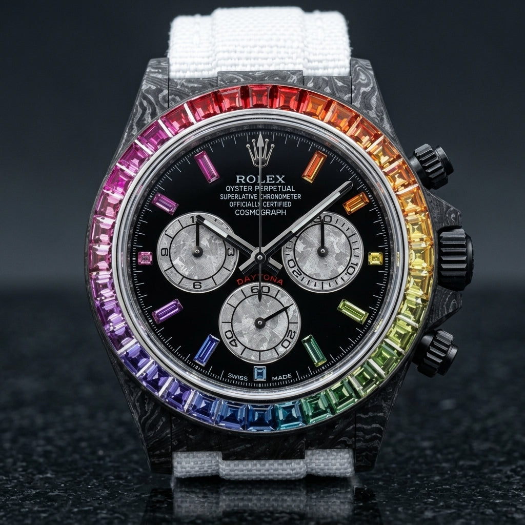 Black forged carbon chronograph with a steel-set rainbow stone bezel, a black dial and silver counters, upright on polished black granite