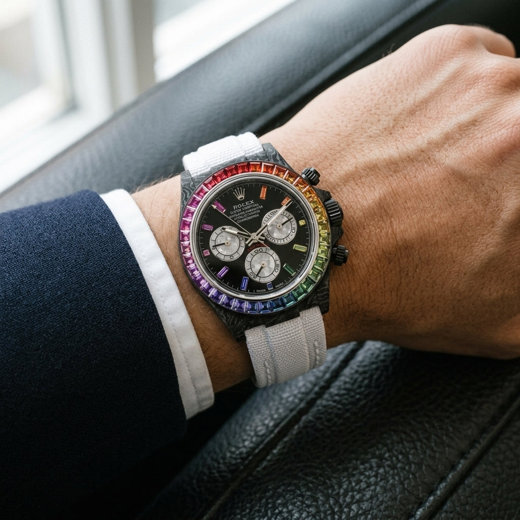 Black carbon chronograph with a rainbow bezel on its white woven strap, worn on the wrist below a navy suit cuff