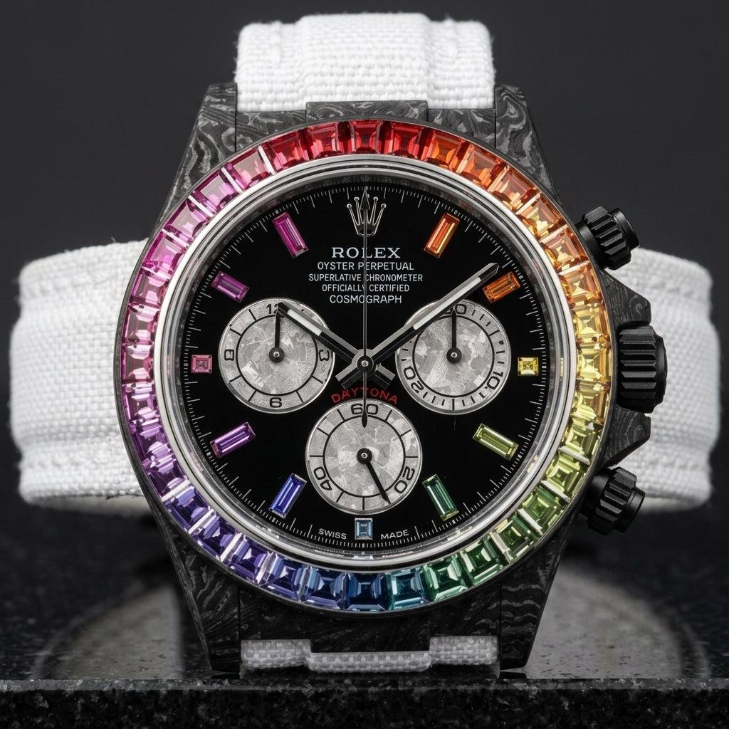 Black carbon chronograph with a rainbow bezel on its white woven strap, worn on the wrist below a navy suit cuff