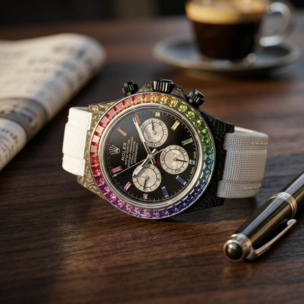 Forged carbon chronograph with a steel-set rainbow stone bezel, a black dial and silver counters on a dark walnut desk beside a fountain pen