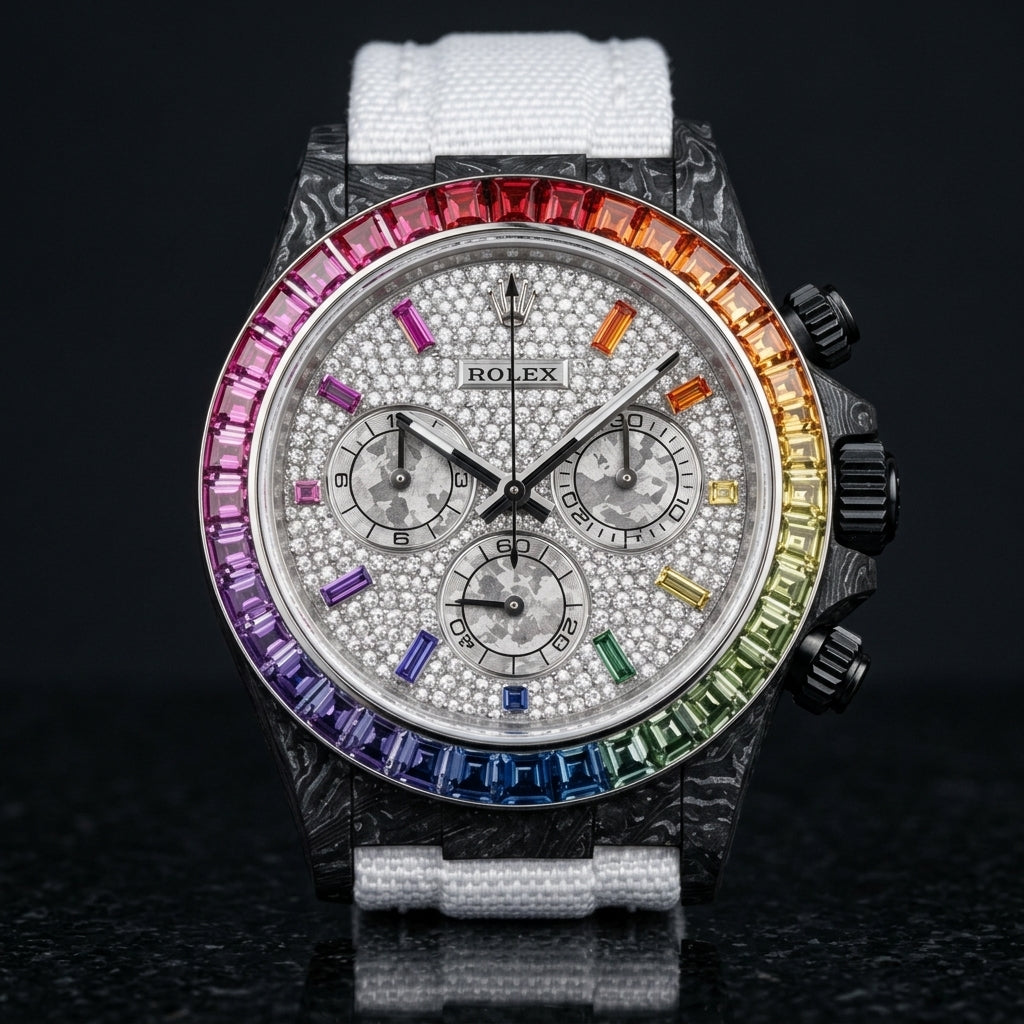 Black forged carbon chronograph with a rainbow gemstone bezel set in steel and a white pavé dial, upright on polished black granite