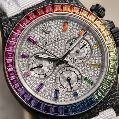 Macro of the white pavé dial, its rainbow hour stones and three grey meteorite-textured counters inside the rainbow bezel