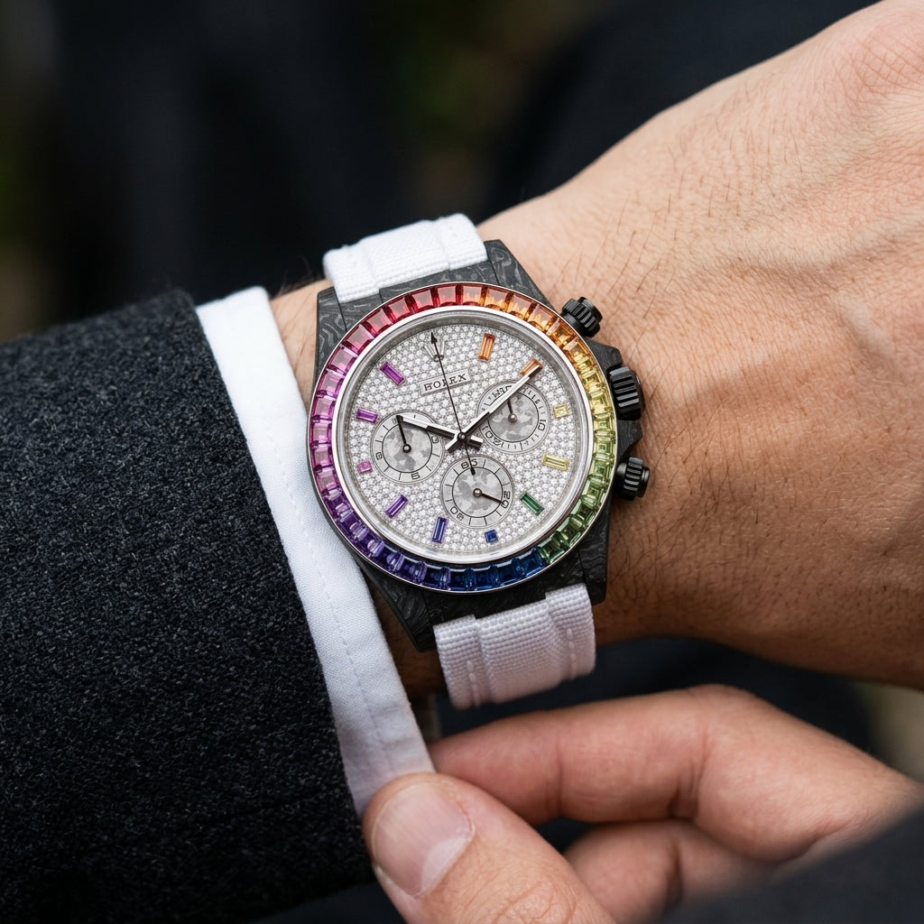 Black forged carbon chronograph with a rainbow gemstone bezel and a white pavé dial on the wrist as a shirt cuff is fastened