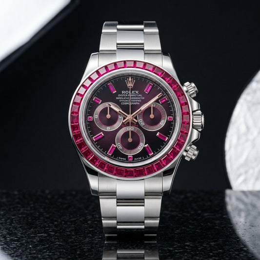 Steel chronograph with aubergine dial and ruby red stone bezel on black granite