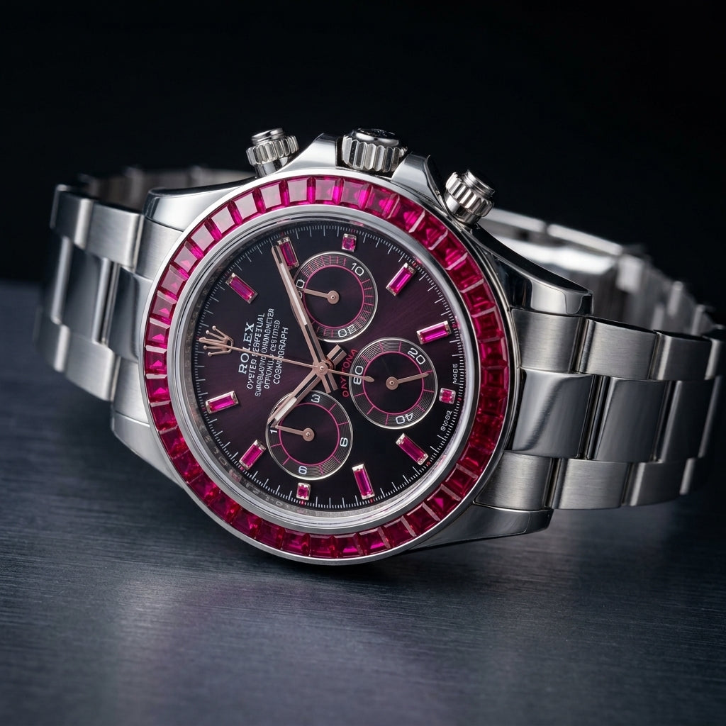 Aubergine dial steel chronograph at a three-quarter angle on dark slate