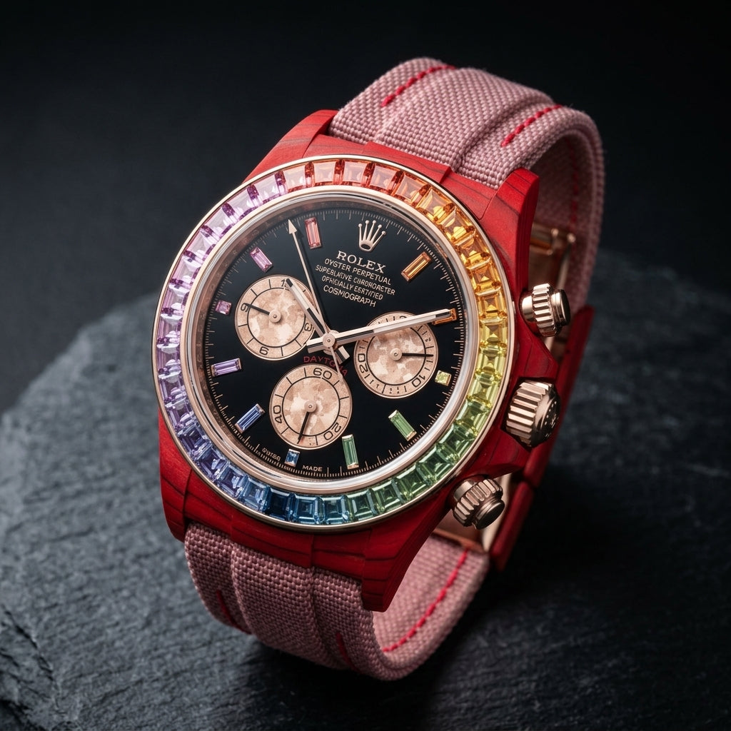 Red carbon chronograph at a three-quarter angle on dark slate, its rose-gold crown and pushers beside the rainbow bezel