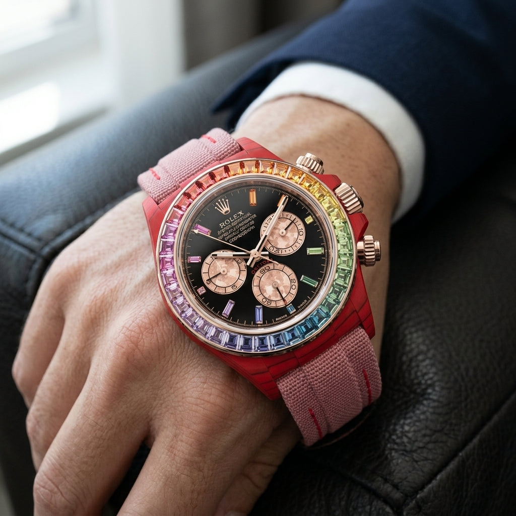 Red carbon chronograph with a rainbow bezel on its dusty-pink woven strap with red stitching, worn on the wrist below a cream sleeve