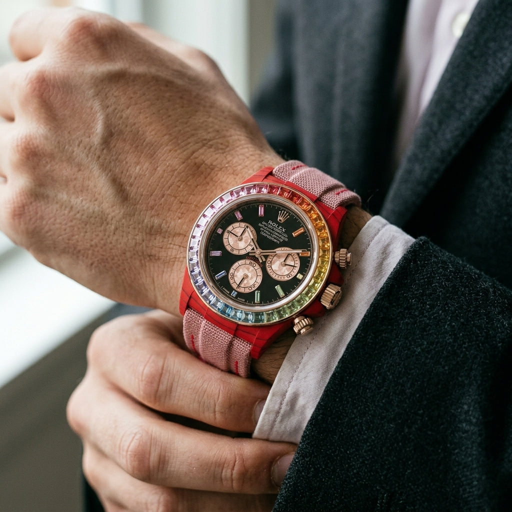 Red carbon chronograph with a rose-gold-set rainbow stone bezel and a black dial on the wrist as a shirt cuff is fastened