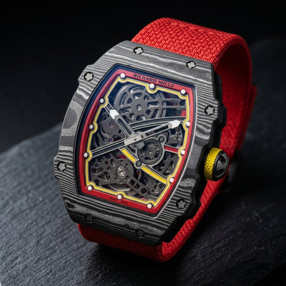 Carbon tonneau skeleton watch at a three-quarter angle on dark slate, the yellow-collared crown beside the layered carbon flank