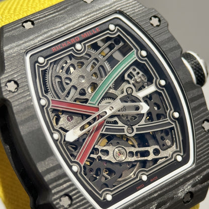 Macro of the open skeleton dial: twelve white hour dots on a black flange, a red and green X and brushed silver open-worked hands