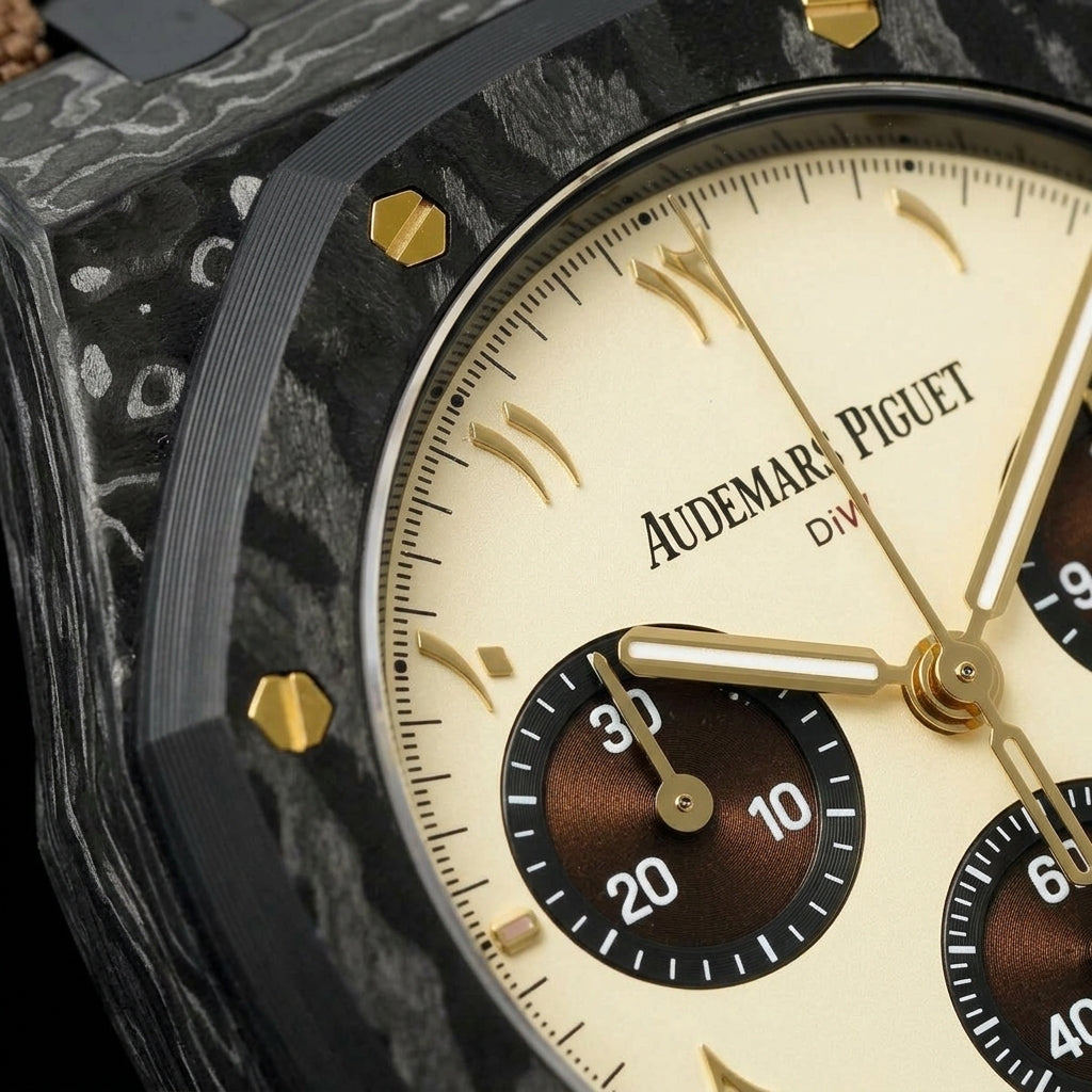 Macro of the cream dial with gold Eastern Arabic numerals and brown counters inside the carbon bezel and its gold screws