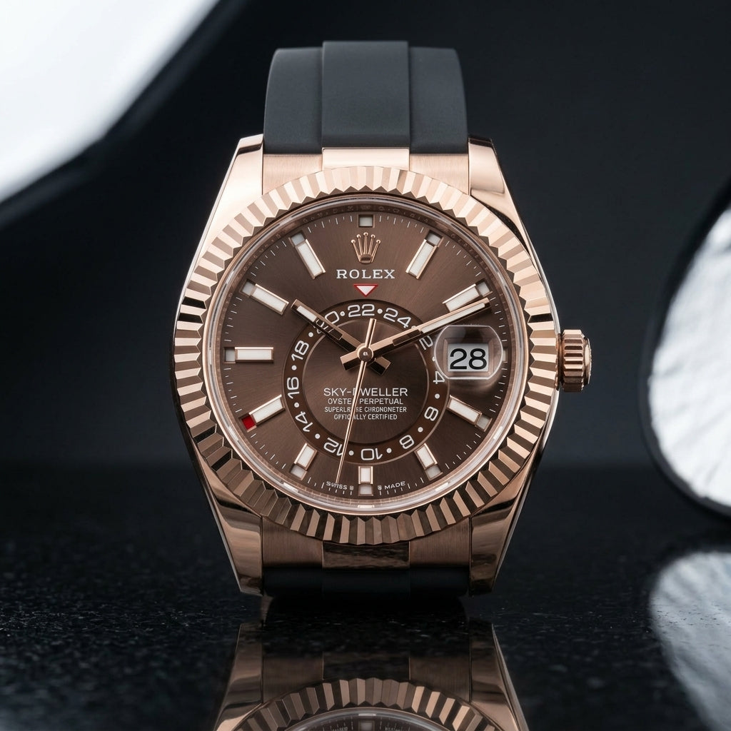Rose-gold dual-time watch with a chocolate sunray dial and fluted bezel, upright on polished black granite