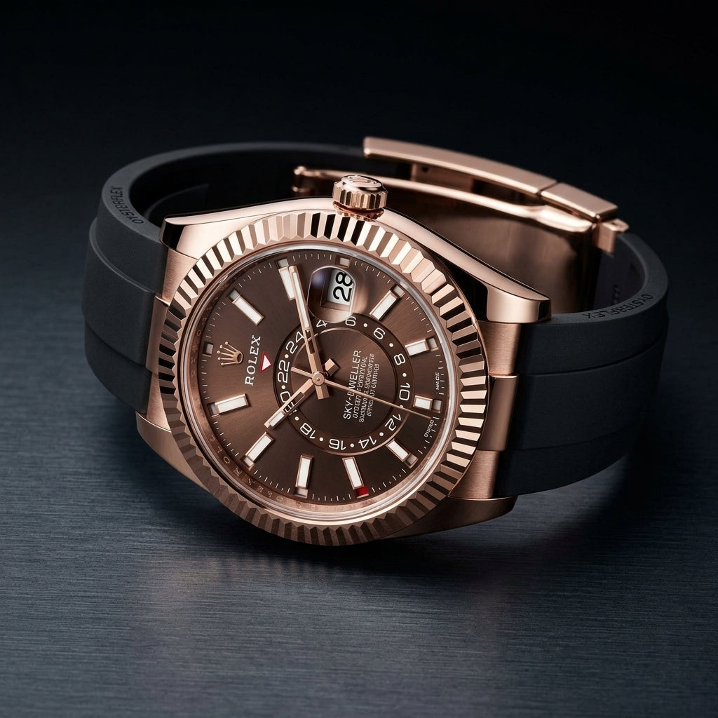 Rose-gold dual-time watch at a three-quarter angle on dark slate, its fluted bezel catching the light