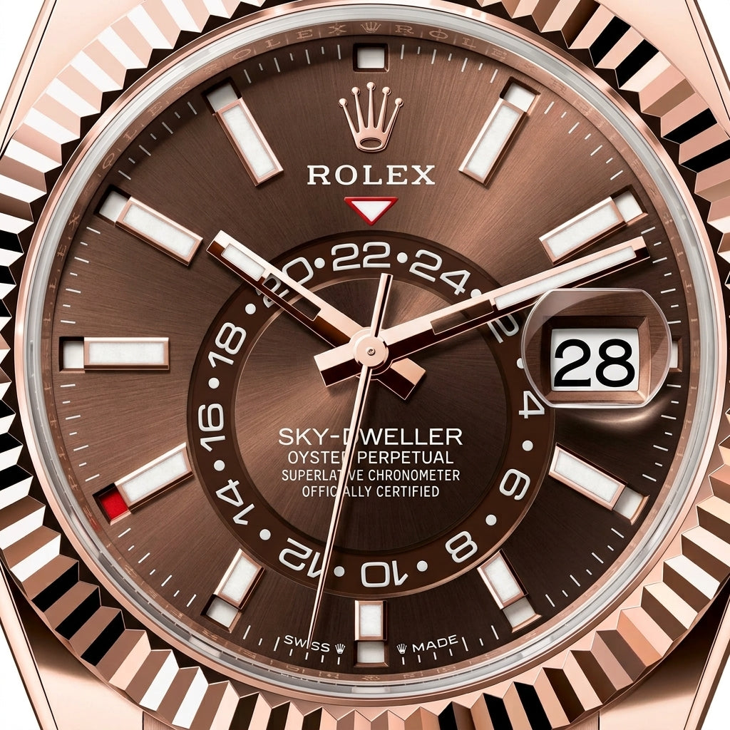 Macro of the chocolate dial: the off-centre 24-hour ring, the red triangle, the month windows and the date under its lens