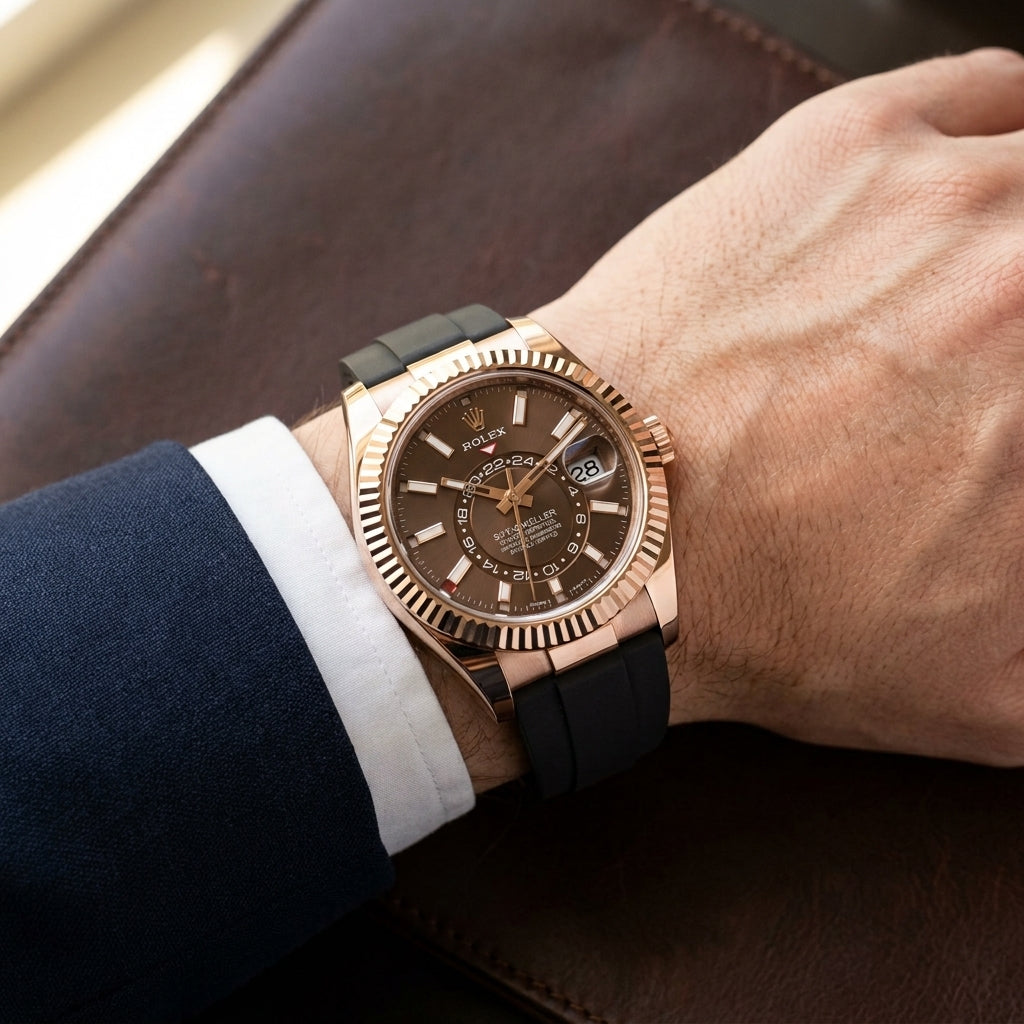 Rose-gold dual-time watch on a black rubber strap, worn under a navy suit cuff