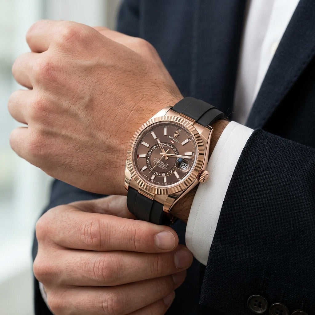 The rose-gold dual-time watch on its black rubber strap as a shirt cuff is fastened