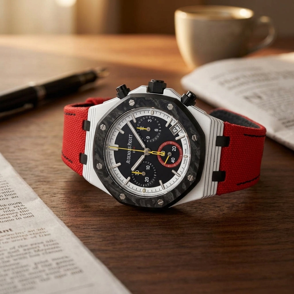White octagonal chronograph with a black carbon bezel and a black dial on a dark walnut desk beside a fountain pen