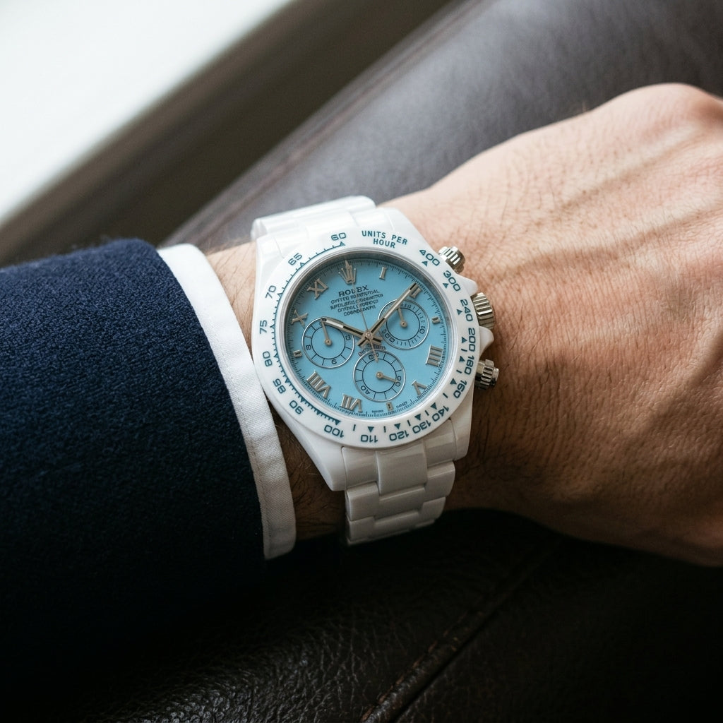 White ceramic chronograph with a light blue dial on its white ceramic bracelet, worn on the wrist below a dark suit cuff