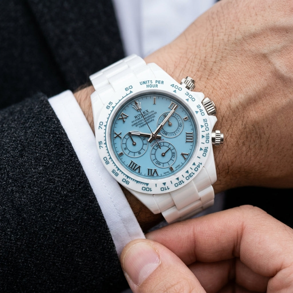 White ceramic chronograph with a light blue dial and steel Roman numerals on the wrist as a shirt cuff is fastened