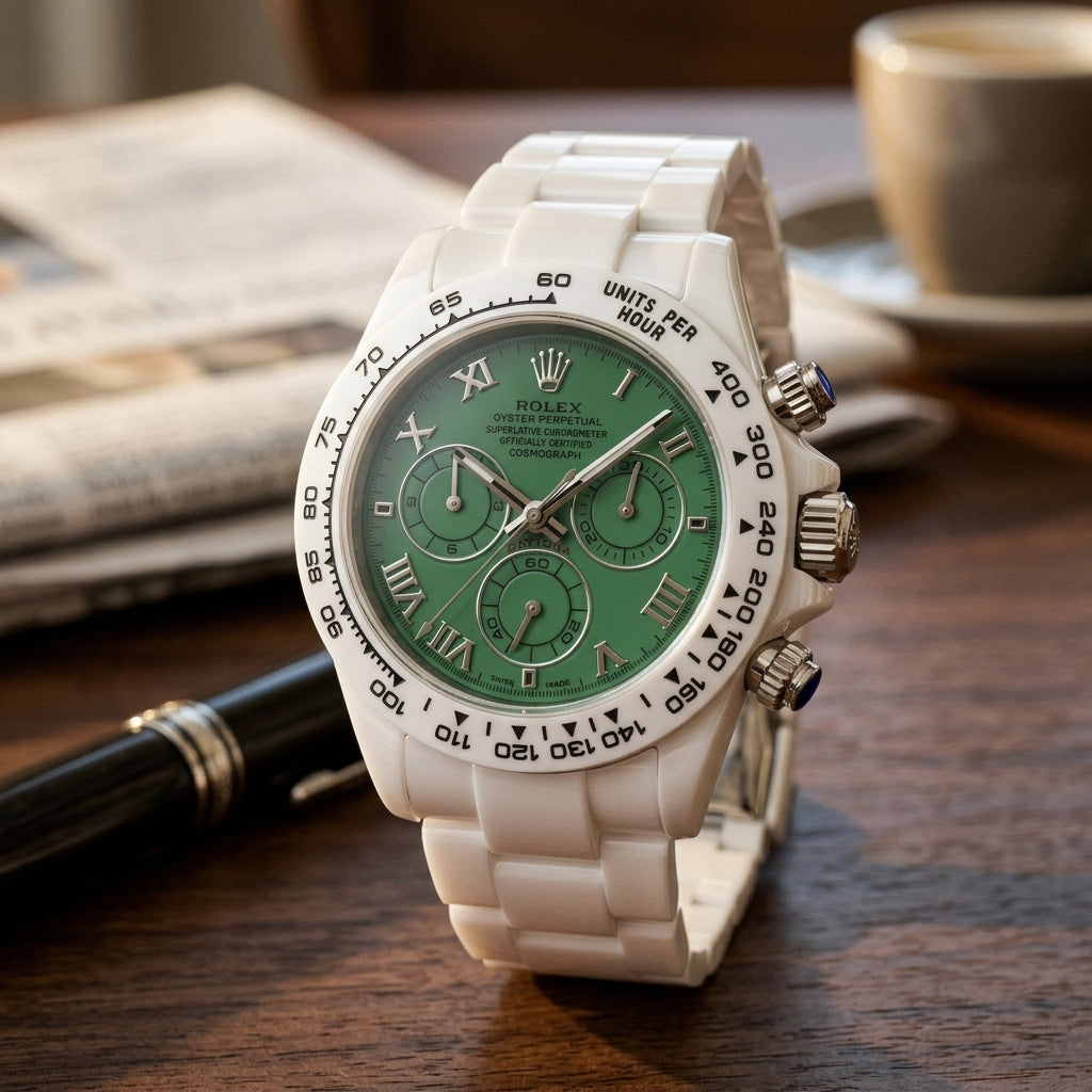 White ceramic chronograph with a green Roman numeral dial on a dark walnut desk beside a fountain pen