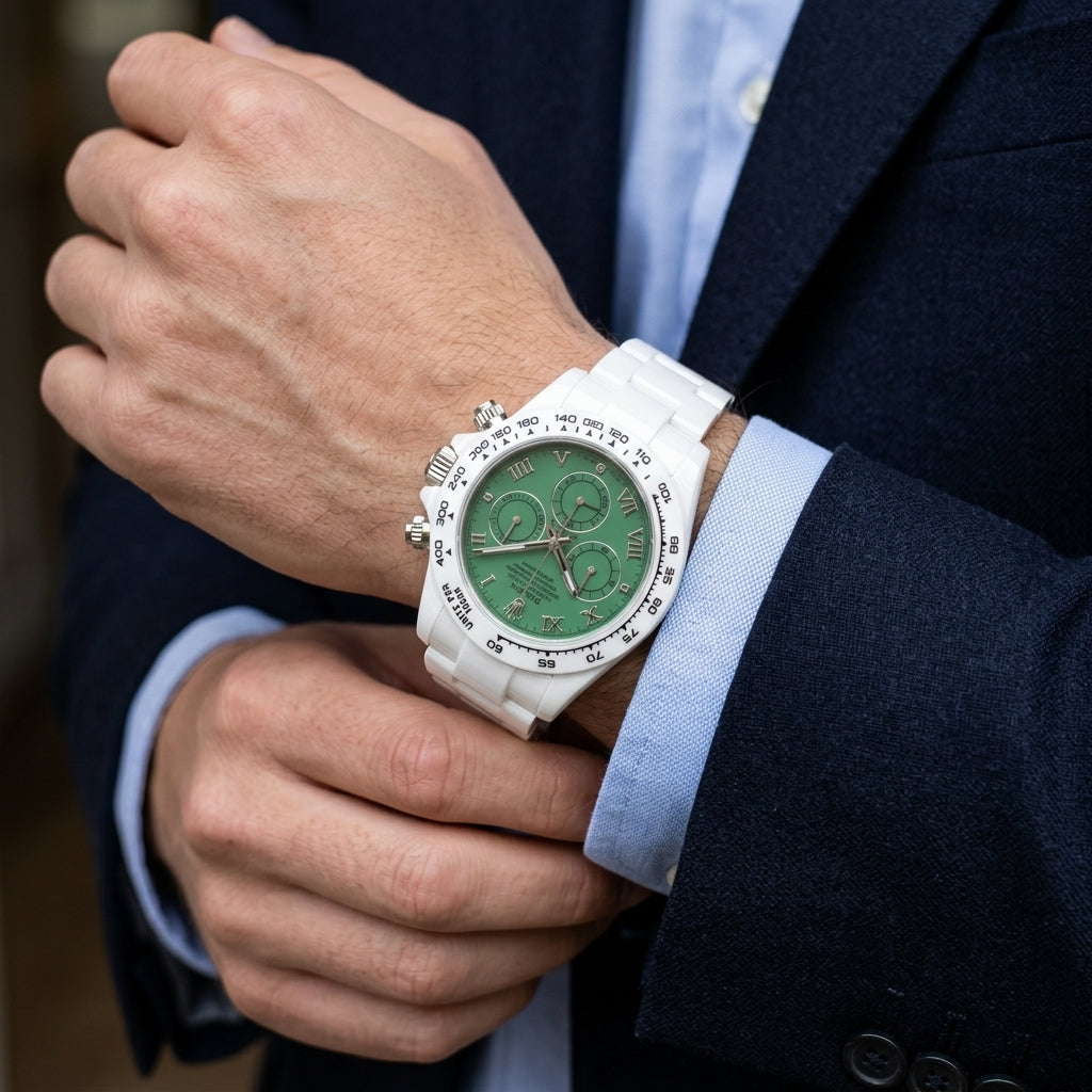White ceramic chronograph with a green dial on the wrist as a shirt cuff is fastened
