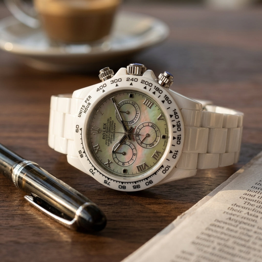 White ceramic chronograph with a green mother-of-pearl dial on a pale stone desk beside a fountain pen