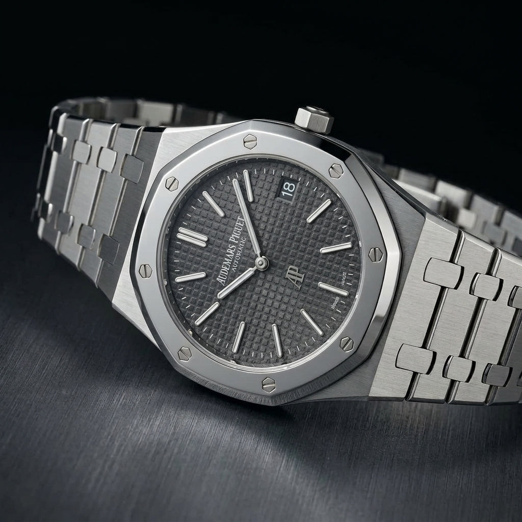 Extra-thin steel octagonal sports watch at a three-quarter angle on dark slate, showing the case profile