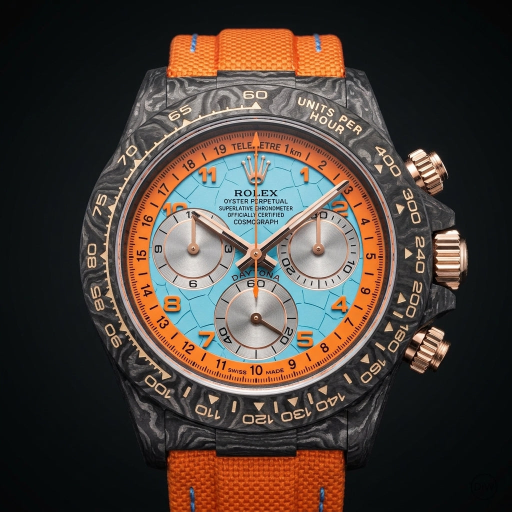 Forged-carbon chronograph with a pale ice-blue telemetre dial and orange numerals on dark stone