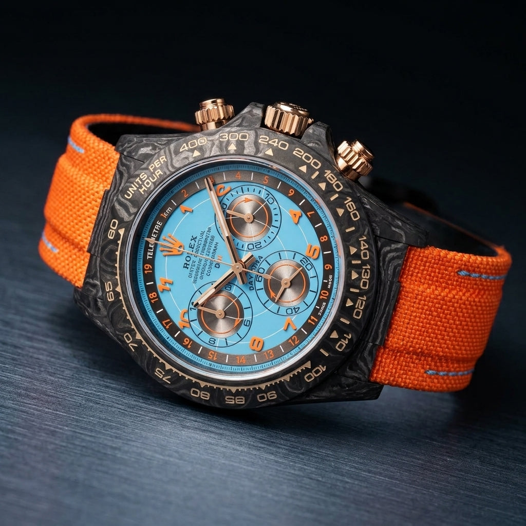 Forged-carbon chronograph at a three-quarter angle, rose-gold crown and orange strap visible
