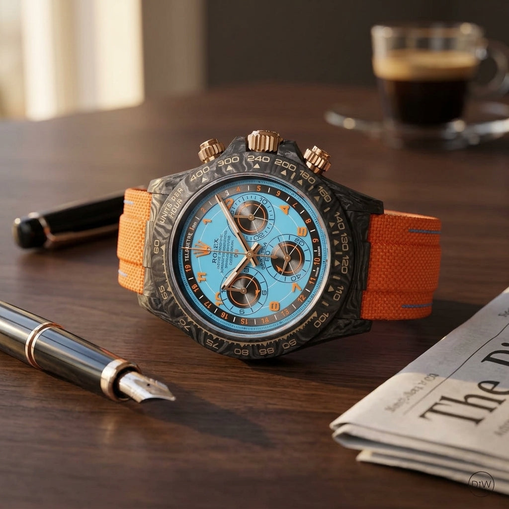 Forged-carbon chronograph with an ice-blue telemetre dial on a dark walnut desk beside a fountain pen