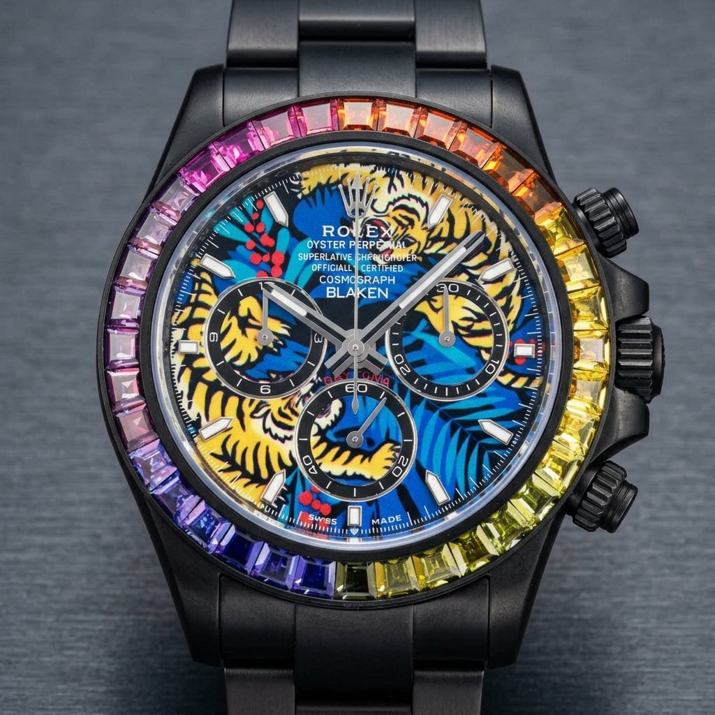 Tiger-dial chronograph at a three-quarter angle on dark slate, its rainbow stones running red to violet round the black bezel