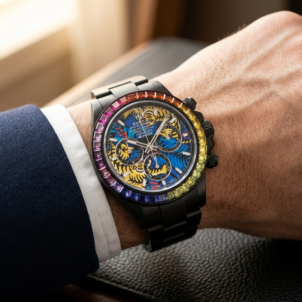 Black DLC chronograph with a tiger dial and rainbow stone bezel on a black steel bracelet, worn on the wrist below a navy suit cuff