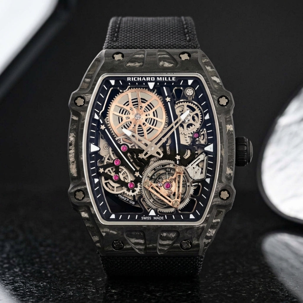 All-black thin-ply carbon tonneau watch with an open skeleton dial and a black woven strap, upright on polished black granite