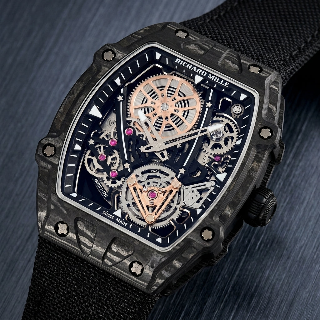 All-black carbon skeleton watch at a three-quarter angle on dark slate, grey-silver grain across the bezel and a ribbed black crown