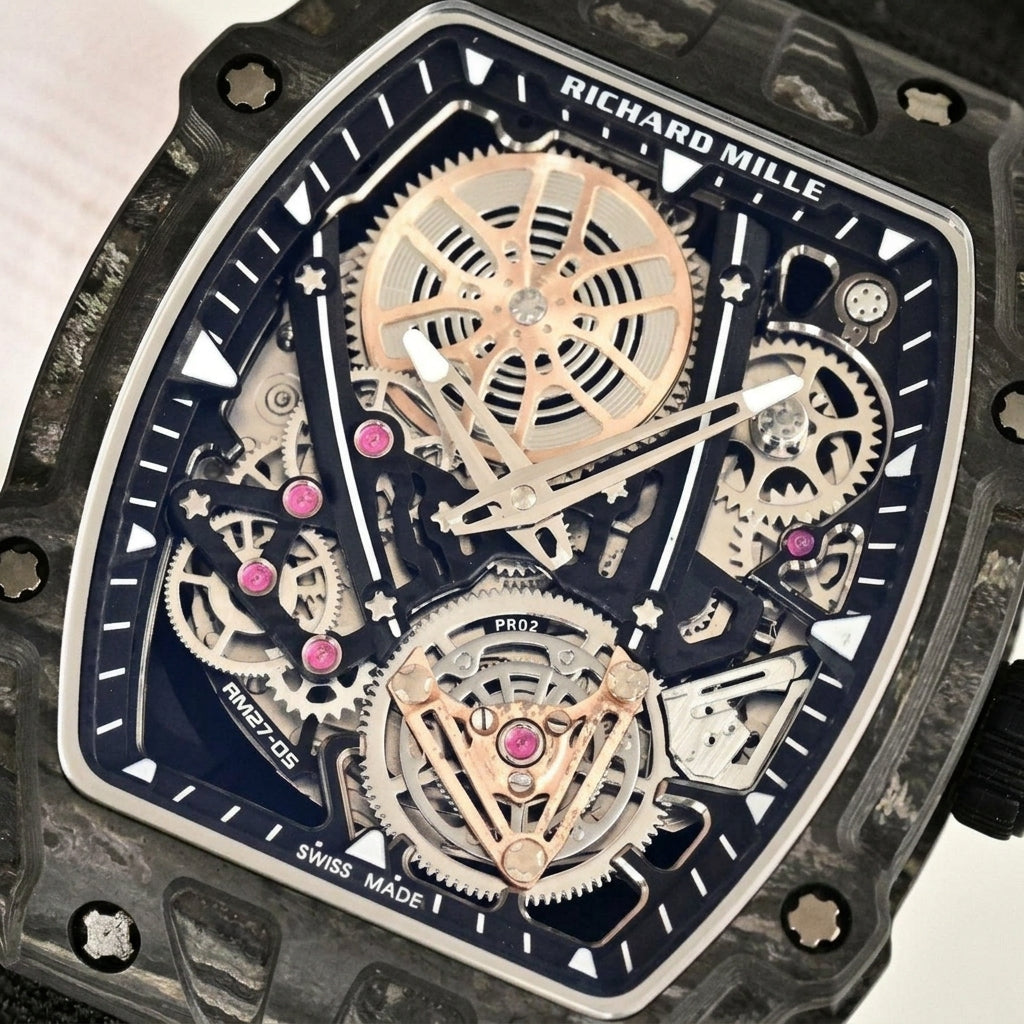 Macro of the open skeleton dial framed in black carbon: rose-gold spoked wheel, pink jewels and the tourbillon-style cage at six