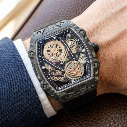 All-black carbon skeleton tourbillon watch on a black woven strap, worn on the wrist below a navy suit cuff