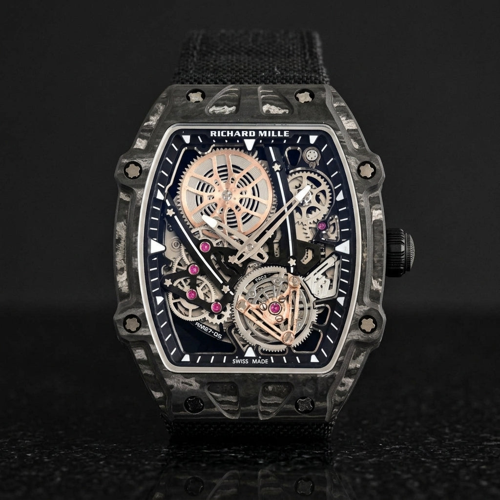 All-black carbon skeleton tourbillon watch on a black woven strap, worn on the wrist below a navy suit cuff