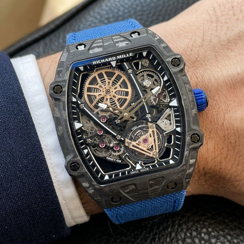 Black carbon flying tourbillon watch on a blue woven strap, worn on the wrist below a navy suit cuff