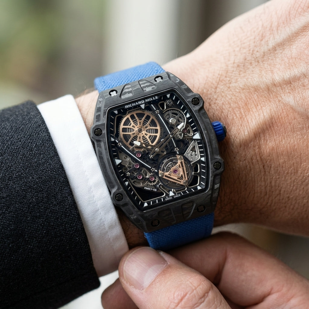 Black carbon flying tourbillon watch with a blue strap on the wrist as a shirt cuff is fastened