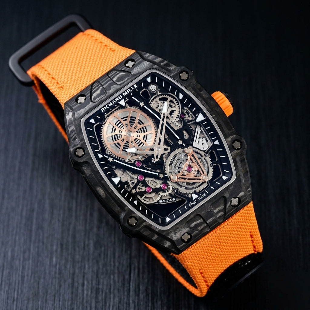 Black carbon skeleton watch at a three-quarter angle on dark slate, grey-silver grain across the bezel and a ribbed orange crown