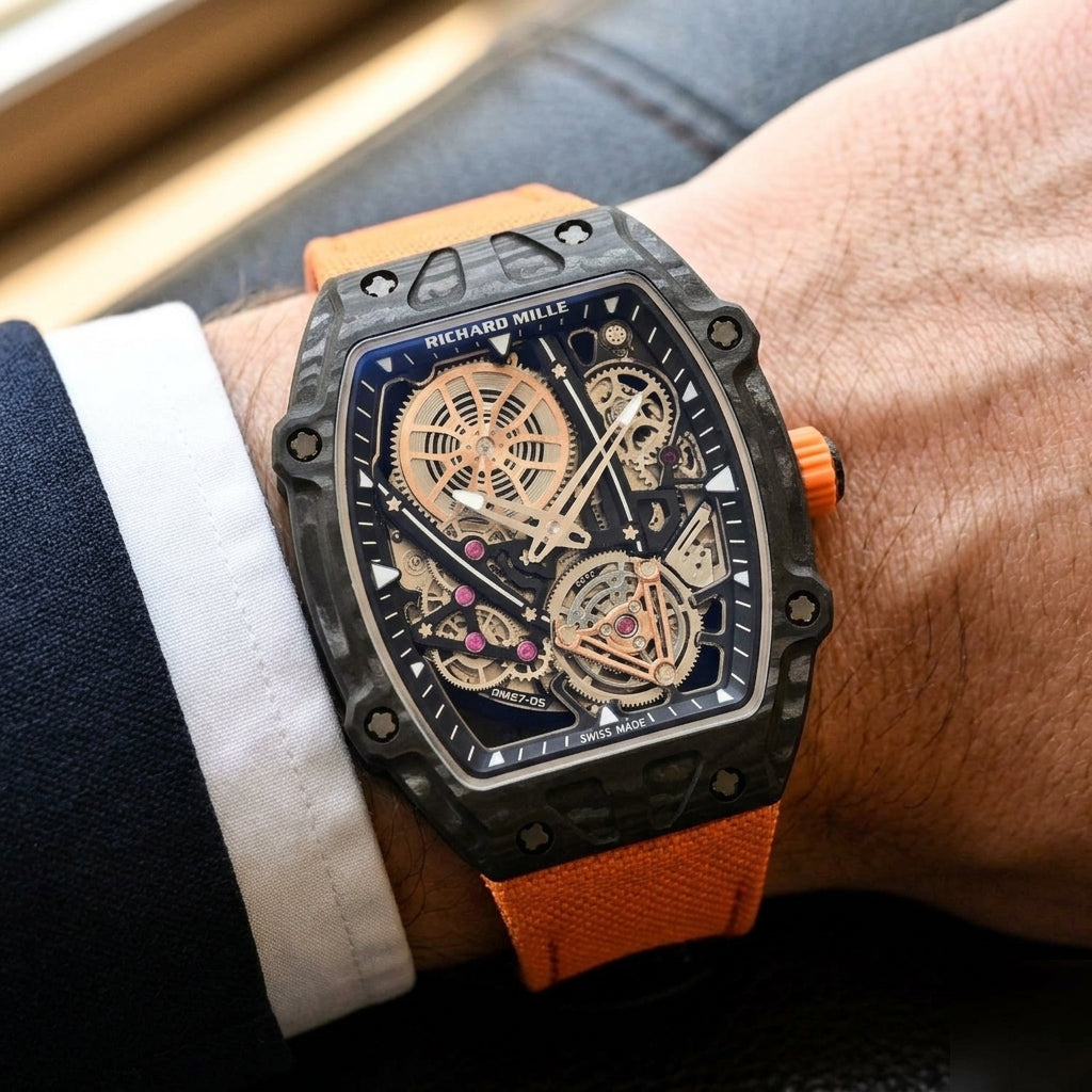 Black carbon skeleton tourbillon watch on an orange woven strap, worn on the wrist below a navy suit cuff