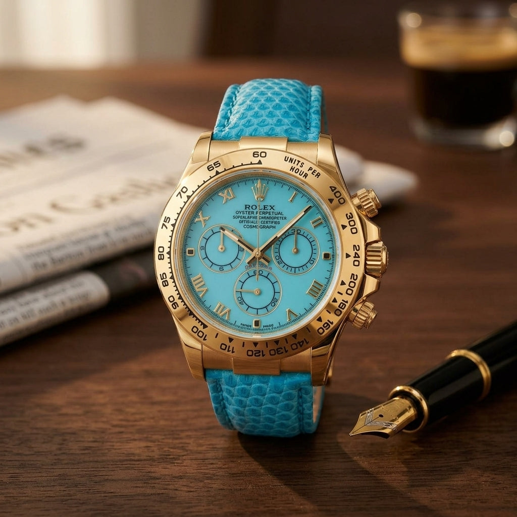 Gold-tone chronograph with a turquoise dial and Roman numerals on a dark walnut desk beside a fountain pen