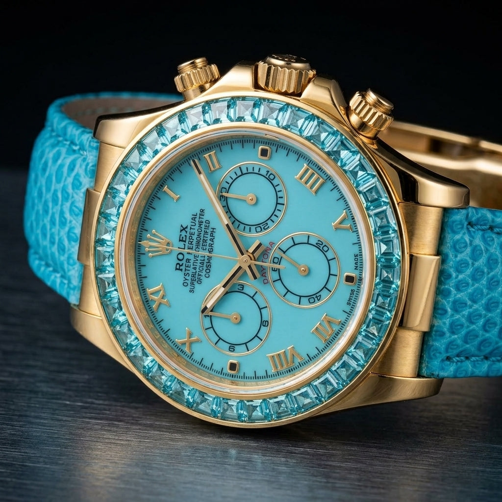 Gold-tone chronograph with an aqua-blue stone bezel at a three-quarter angle on dark slate, its turquoise lizard-grain strap curving away