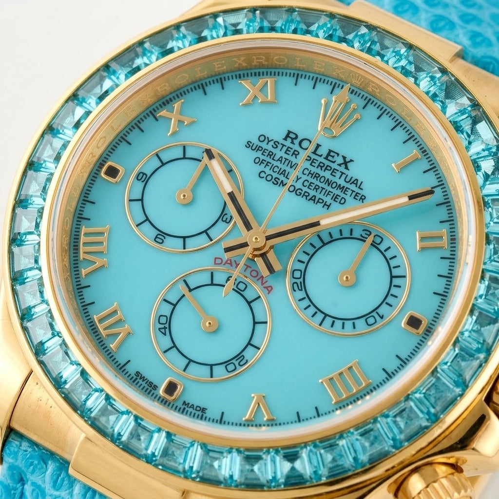 Macro of the turquoise dial with gold Roman numerals, three turquoise counters in gold rings and the aqua-blue step-cut stones at the edge