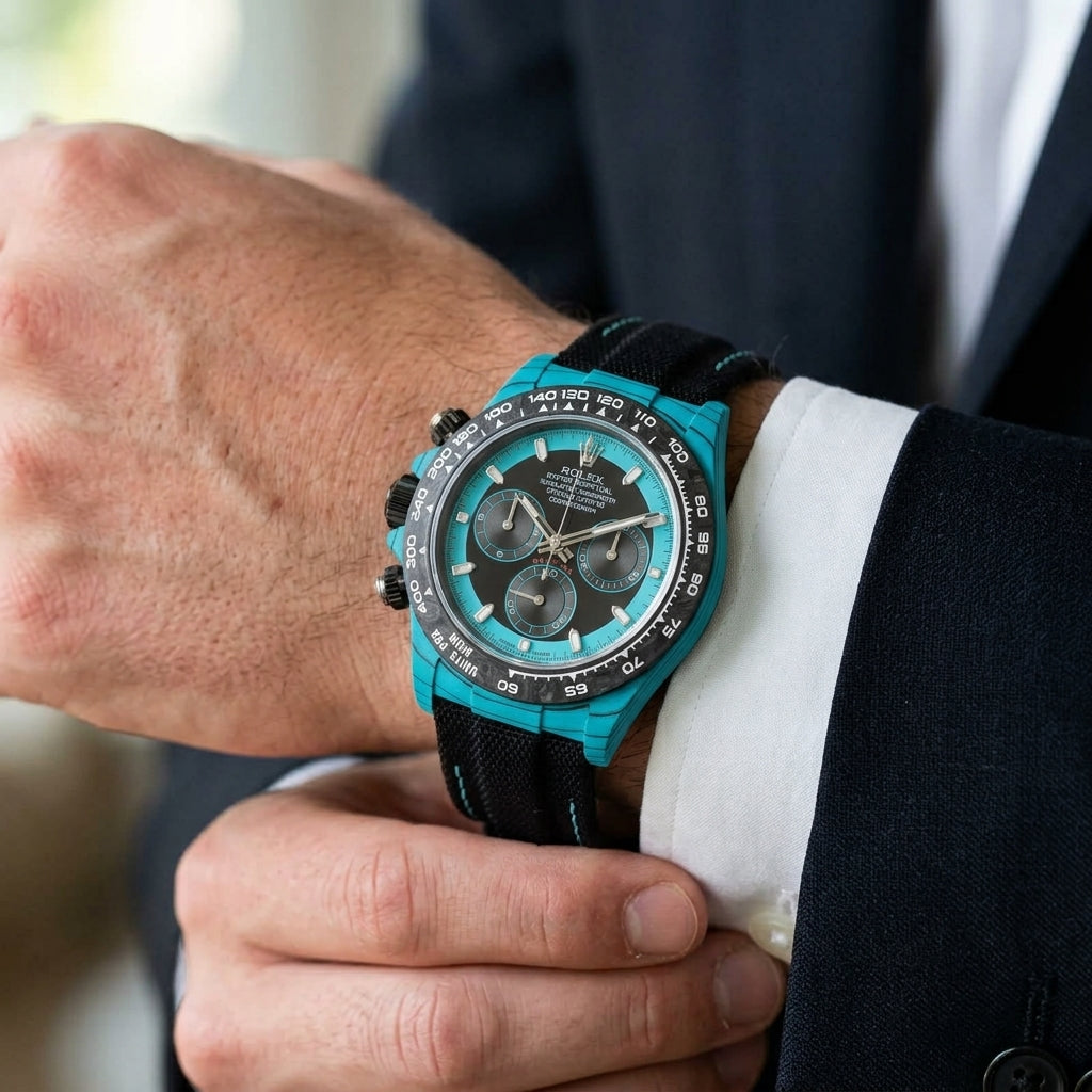 Turquoise-cased chronograph with a white dial, a turquoise chapter ring and black sub-dials on the wrist as a shirt cuff is fastened
